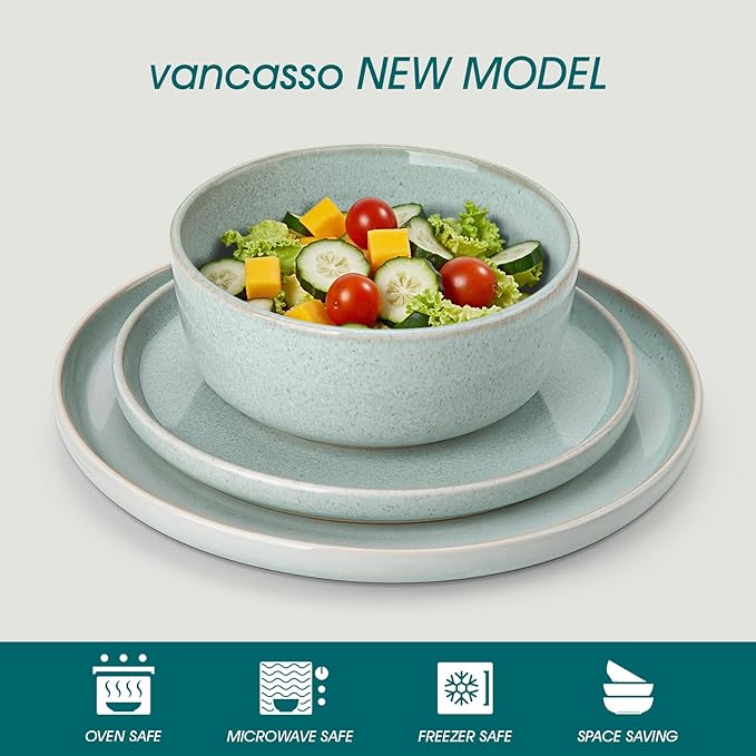 vancasso ANYA 18 Pieces Plates and Bowls Set, Mint Green Dinnerware Sets, Reactive Glaze Dishes Set for 6, Ceramic Dishware Sets Kitchen Dinner Set, Microwave & Dishwasher Safe-Ruum Studio Home