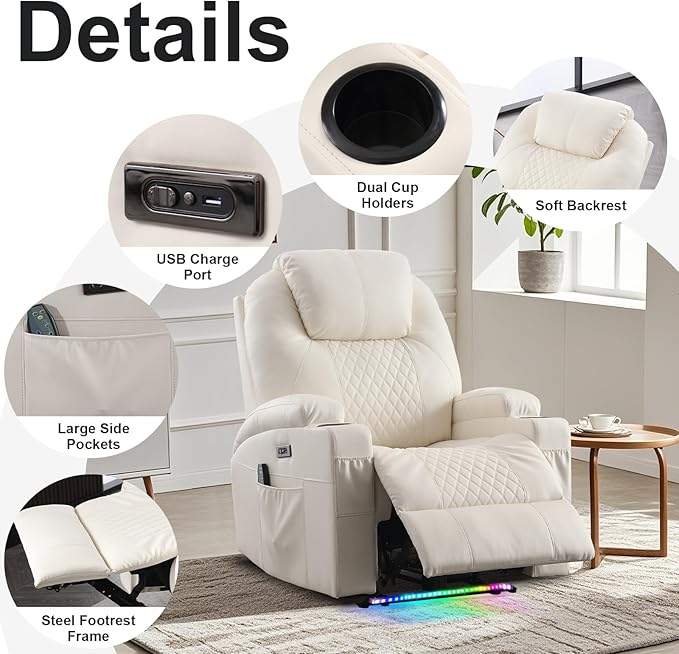 AHMED Power Recliner Chair with Vibration Massage & Heat for Adults, Faux Leather Home Theater Seating with Cup Holders/LED Lights/USB Ports/Side Pockets for Living Room, Beige-Ruum Studio Home