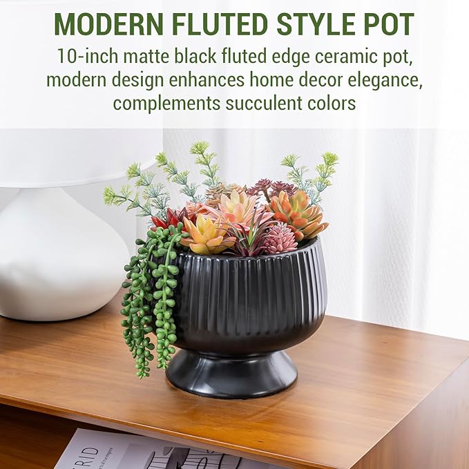 MyGift 10 Inch Modern Artificial Succulent Arrangement Potted in Matte Black Ribbed Ceramic Round Planter, Decorative Plant Pot with Assorted Faux Mini Succulents-Ruum Studio Home