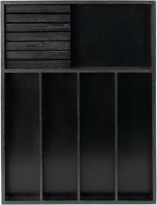 VaeFae Bamboo Silverware Organizer, Utensil Holder for Drawer, Wooden Cutlery Tray with Divider for Kitchen Drawer, Utensil Organizer with Knife Block（Black）-Ruum Studio Home