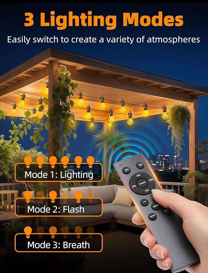 Outdoor Patio String Lights: S14 Shatterproof Bulb Outside Waterproof Light - 50Ft 15M Remote Dimmable Connectable Hanging Outdoor Electric Lighting - Garden Backyard Yard Gazebo Porch Party-Ruum Studio Home