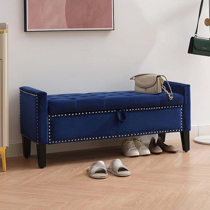Storage Ottoman Bench, Velvet Upholstered Footstool for Bedroom and Living Room, Tufted Seat with Storage, Wooden Legs & Metal Rivets, Dark Blue-Ruum Studio Home
