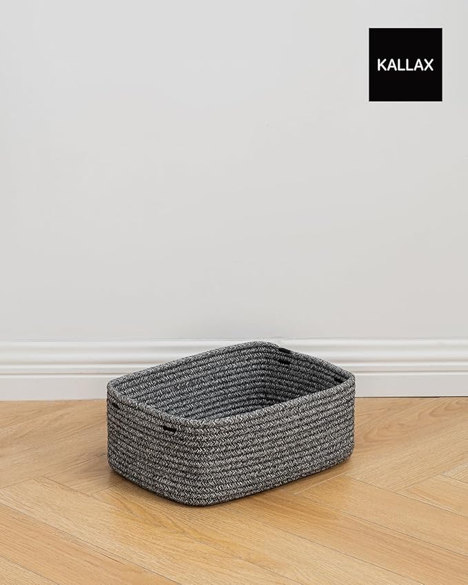KALLAX Small Woven Basket, 13.5 x 9.5 x 5 Inches, Storage Basket for Organizing, Cute Small Rope Shelf Closet Cube Storage Bins Baskets for Shelves, Dog Toy Gift Baskets Empty, 3 Pack Mixed Black-Ruum Studio Home