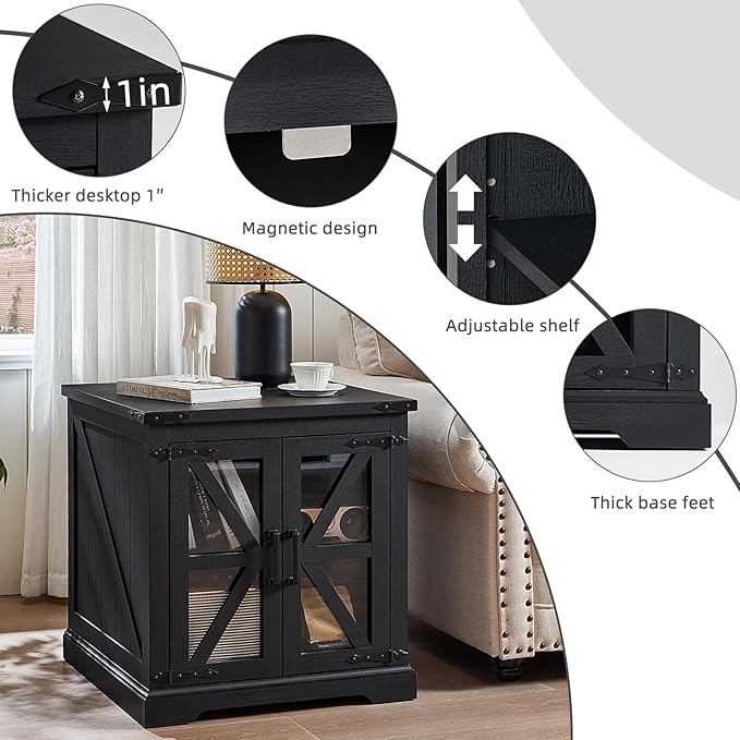 24" End Table with Charging Station, Farmhouse Night Stand with Glass Barn Door, Black Nightstands with Adjustable Storage Shelf, Large Wood Square Bed Side Table for Living Room,Bedroom-Ruum Studio Home