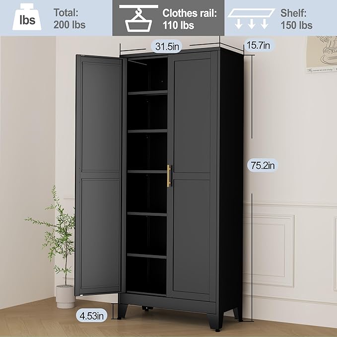 Black Metal Storage Cabinet,75" Steel Cabinets for Home Office, Kitchen Pantry Storage Cabinet with Doors and 5 Adjustable Shelves, Tool Cabinets, for Office, Home, Garage, School-Ruum Studio Home
