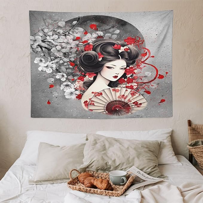 Japanese Geisha Tapestry Asian Red Cherry Blossom Red Sun Traditional Kimono Folk Tapestries Home Decor for Living Room Bedroom Apartment Farmhouse Dorm 40"x30"-Ruum Studio Home