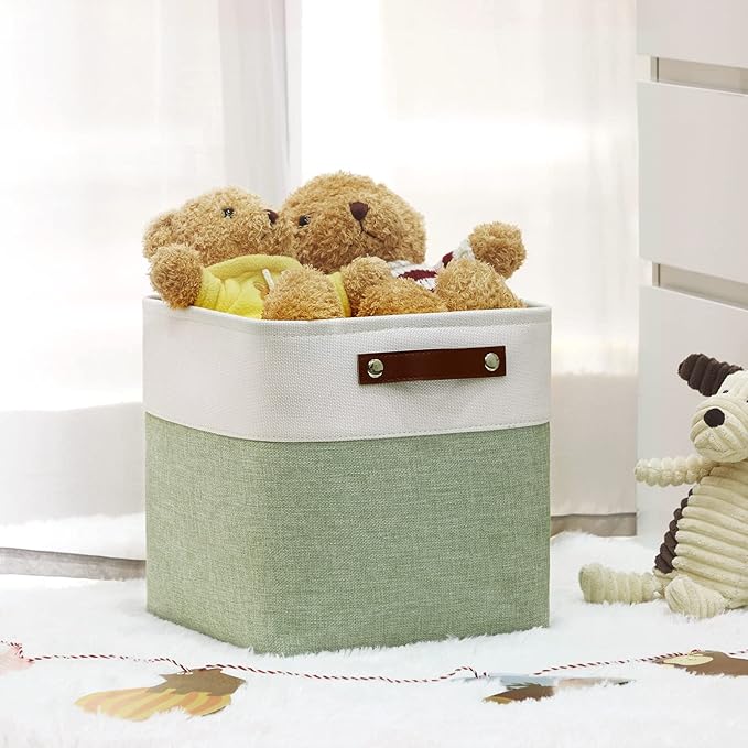 DULLEMELO Storage Baskets for Organizing, Fabric Storage Cubes for Dog Toy Box, 11 Inch Decorative Cube Storage Bins with handle for Baby Gift Basket(4 Pack - 11" White&Green)-Ruum Studio Home