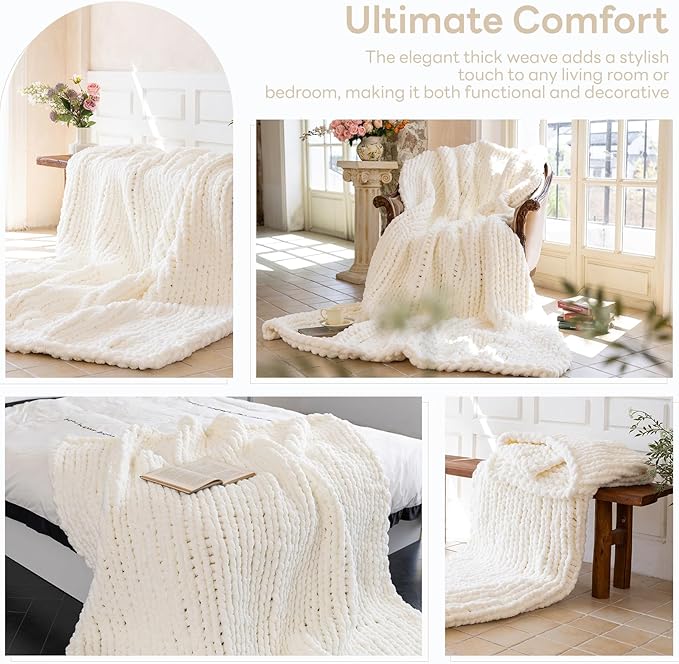 Chunky Knit Blanket - Luxury Soft Cozy Extra Large Size (80 * 90) Throw Blanket,100% Woven Blanket Rope Knot Throw Blanket for Couch, Sofa, Home Decor, Gift - Machine Washable（Milk White ）-Ruum Studio Home