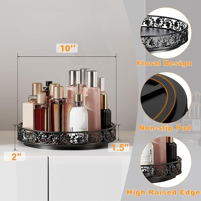 10" Lazy Susan Organizer Turntable,360 Rotating Spice Rack Lazy Susan for Cabinet Dining Table Top Countertop Pantry Kitchen Cupboard Vanity Bathroom Refrigerator Black-Ruum Studio Home