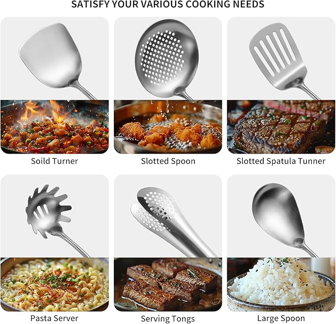 304 Stainlss Steel Kitchen Utensils Set, 11 Pcs Long Metal Cooking Utensil Gadgets Tools Set with Spatula, Ladle, Spoon, Ladle, Skimmer, Tunner, Pasta Server, Tongs(Silver, Dishwasher Safe)-Ruum Studio Home