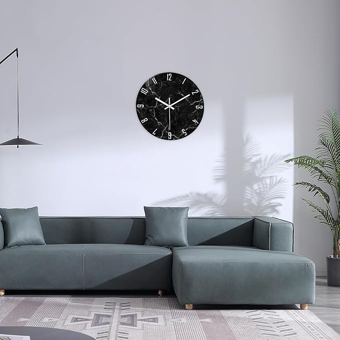Big Wall Clock for Living Room Decor Marble Glass Wall Clock Battery Operated 16 Inch Black Wall Clocks Non Ticking