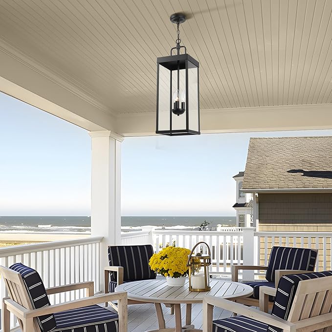 Large Outdoor Pendant Lantern Light Fixture for Front Porch, 24 Inch 3-Light Black Exterior Hanging Chandelier with Clear Glass, Outdoor Indoor Pendant Lamp for Patio, Gazebo, Entryway, Doorway-Ruum Studio Home