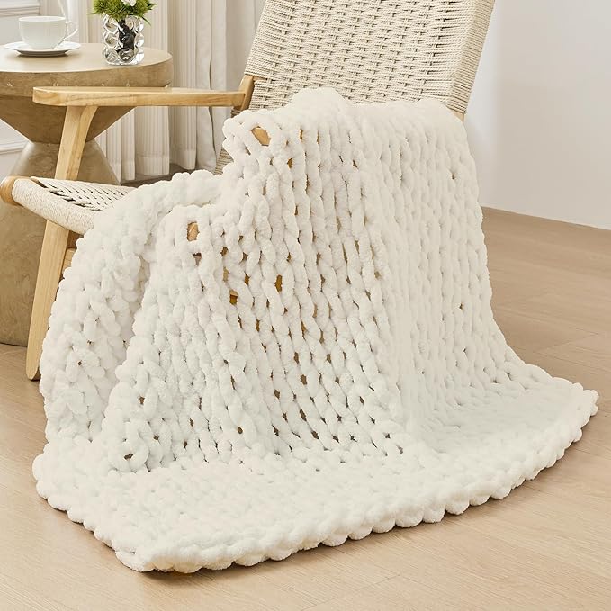 Bigacogo Chunky Knit Throw Blanket for Couch, 40x40 inches, 100% Hand Knitted with Thick Jumbo Chenille Yarn, Cozy Soft Large Rope Knot Cable Crochet Blankets for Sofa Bed Living Room, Ivory-Ruum Studio Home