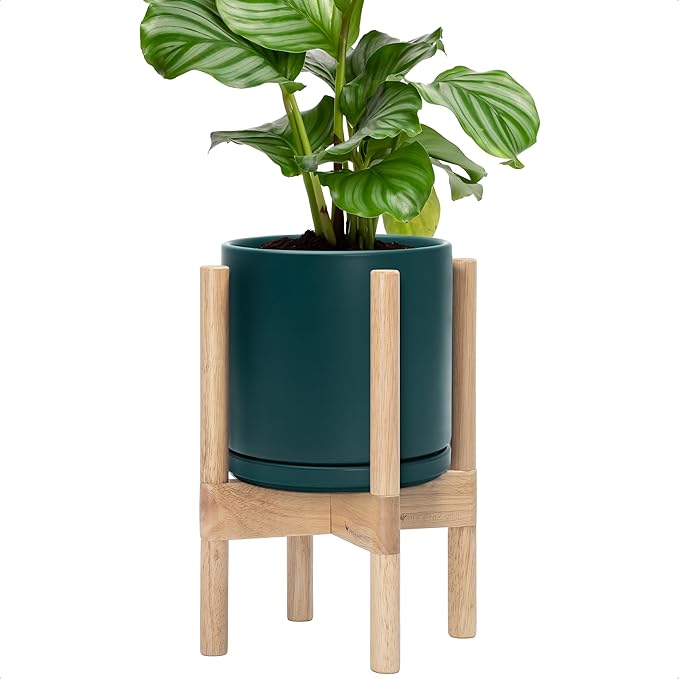 D'vine Dev Ceramic Planter with Natural Stand - 8 Inch Modern Round Flower Pot with Wood Planter Holder, Teal, 55-B-N-4-Ruum Studio Home