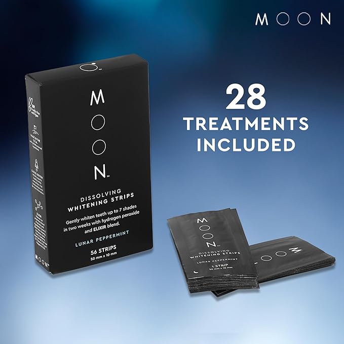 MOON Dissolving Teeth Whitening Strips - Vegan, Easy-to-Use, No Rinse White Strips - Hydrogen Peroxide and Essential Oils Infused Gentle Teeth Whitening Kit - Travel Essentials for Oral Care (56 Ct)-Ruum Studio Home