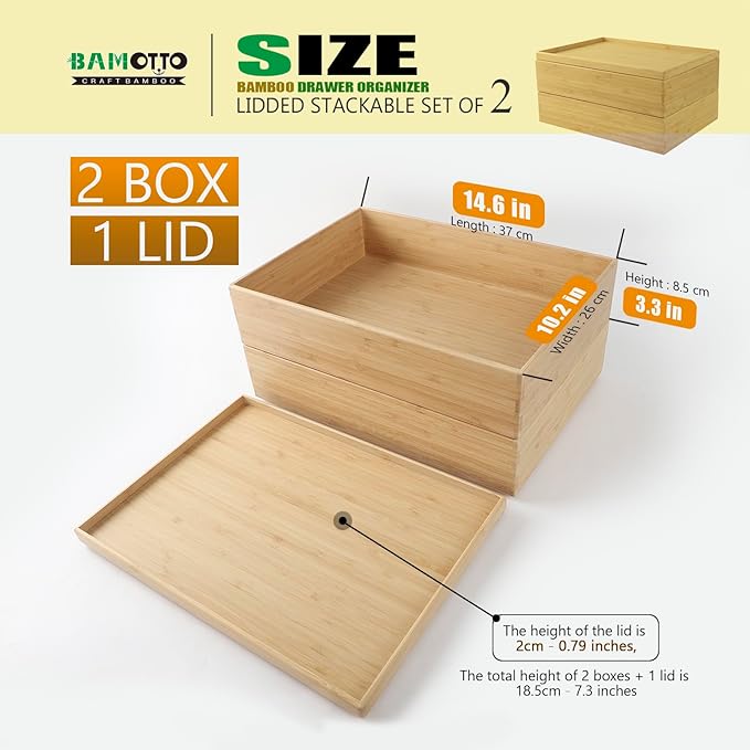 Stackable Bamboo Drawer Organizer Set – 2 Boxes with 1 Lid | Wood-Laminated Trays for Kitchen Utensils, Silverware & Flatware – Fits Cabinets, Pantry, Bathroom & Office | 14.6"x10.2" (2-Pack)-Ruum Studio Home