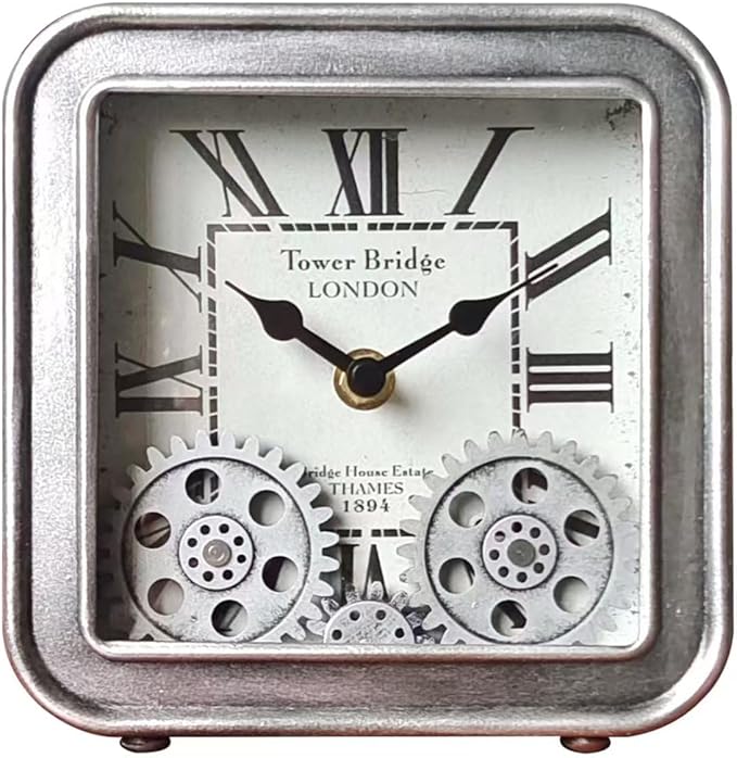 Desk Clock Vintage Metal Table Clocks with Moving Gears, Silent Retro Industrial Steampunk Quartz Small 6 inch End Table Clock for Home Office Living Room Decor Battery Operated-Ruum Studio Home