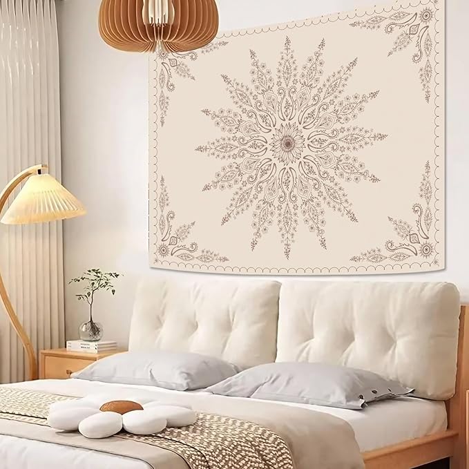 Fowocu Boho Floral Mandala Tapestry for Bedroom Aesthetic Bohemian Flower Wall Tapestry Beige Hippie Indian Extra Large Tapestries Wall Hanging for Living Room Dorm Decor 90 x 68 Inch-Ruum Studio Home