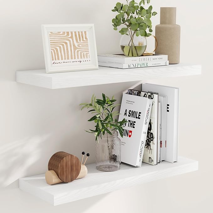 Fun Memories White Floating Shelves 32 Inch Long, 9 Inch Deep Floating Bookshelf Wall Mounted, Farmhouse Wood Shelves White for Bathroom, Living Room, Bedroom, Home Decor Deep Shelf for Wall Set of 2-Ruum Studio Home