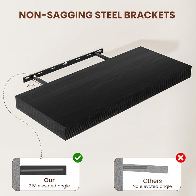 Black Floating Shelves for Wall 24 Inches Long, 12" Deep Wall Shelves 2" Thick, Heavy Duty Shelf for Bedroom, Bathroom, Living Room, Kitchen, Office, Home Decor, Modern Shelf Set of 2, 24" X 12" X 2"-Ruum Studio Home