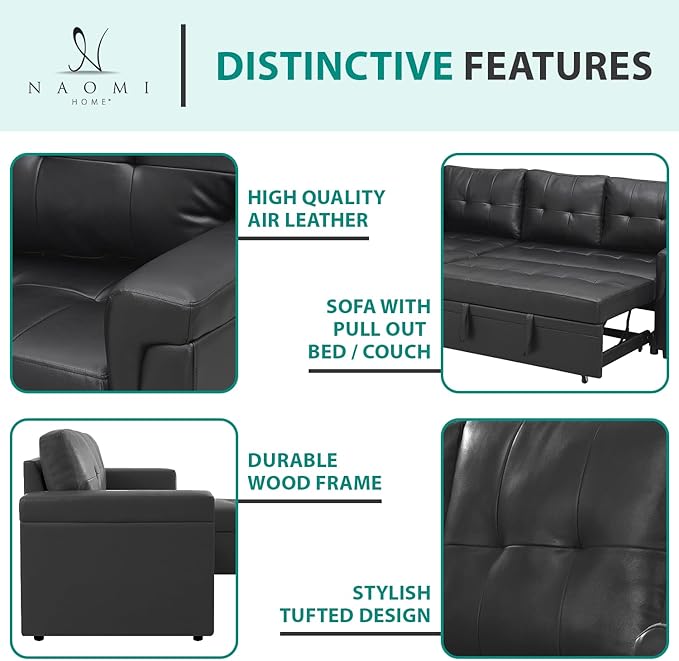 Naomi Home Jenny Sectional Sofa Sleeper with Storage Chaise, Tufted Pull Out Couch with Storage, L-Shaped Reversible Sleeper Sofa with Storage, Black,Air Leather-Ruum Studio Home