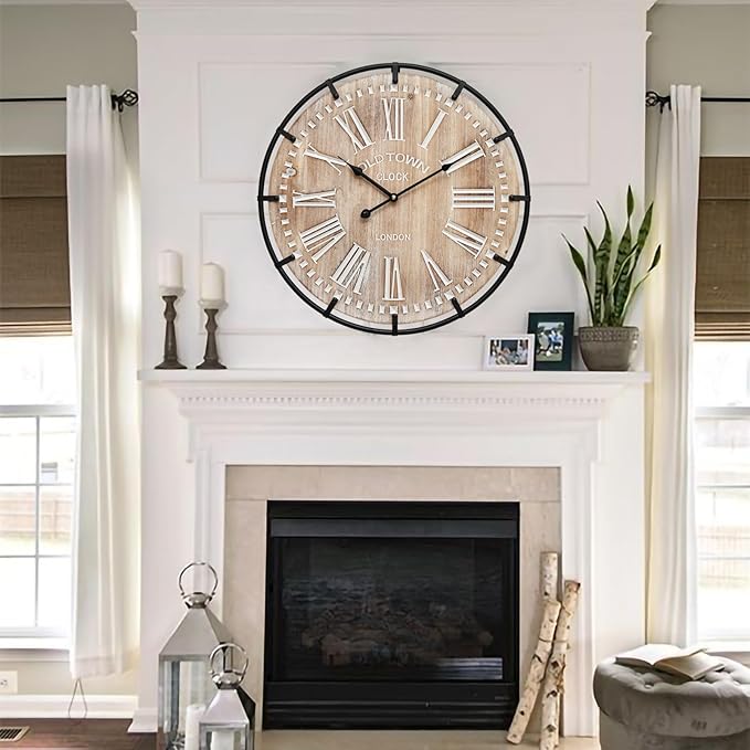 24 Inch Grand Farmhouse Wall Clock, Vintage-Inspired Wood & Metal Design with Large Etched Numbers, Silent Battery-Powered Timepiece for Offices, Kitchens, Bedrooms, and Living Rooms-Ruum Studio Home