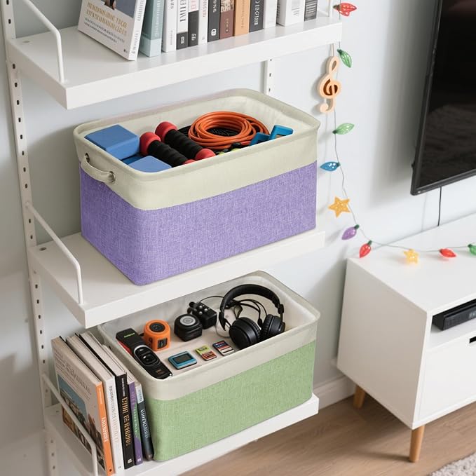 BALEINE 2 Pack Fabric Storage Bins for Shelves, Linen Storage Baskets for Organizing, Decorative Closet Bins for Clothes, Home (Green, 15''x11''x9.5'')-Ruum Studio Home