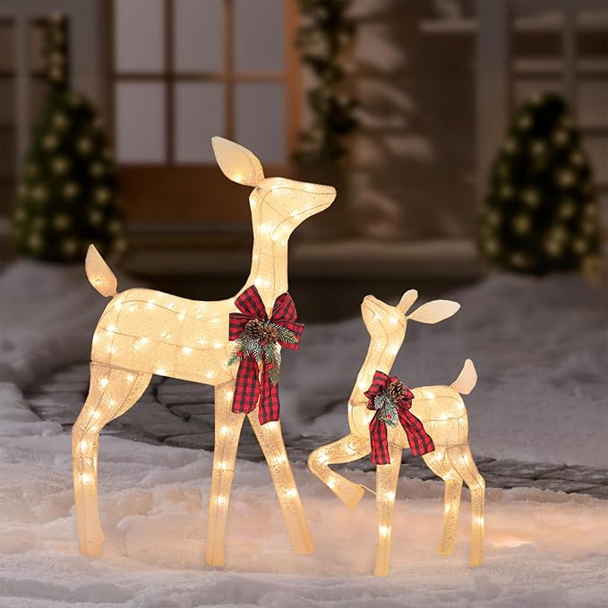 2 Pcs Reindeer Christmas Decoration, Xmas Lighted White Shimmering Doe and Fawn Display Set with 105 Warm White Lights for Yard Lawn Indoor Outdoor-Ruum Studio Home