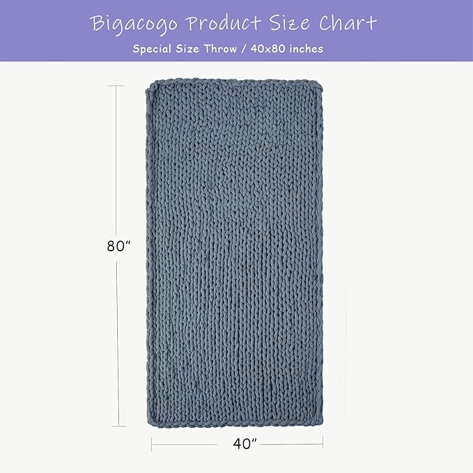 Bigacogo Chunky Knit Throw Blanket for Couch, 40x80 inches, 100% Hand Knitted with Thick Jumbo Chenille Yarn, Cozy Soft Large Rope Knot Cable Crochet Blankets for Sofa Bed Living Room, Cold Sea Blue-Ruum Studio Home