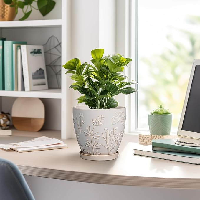 6.9 Inch Ceramic Plant Pot for Indoor Plants Outdoor Round Planter Flower Pot with Drainage Hole and Saucer for Home Garden Office Decor White-Ruum Studio Home