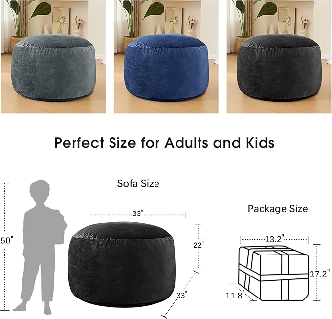 Bean Bag Chairs for Adults - Memory Foam Furniture BeanBag Chair - Kids/Teens Sofa with Soft Micro Fiber Cover - Round Fluffy Couch for Living Room Bedroom College Dorm - Carbon Black-Ruum Studio Home