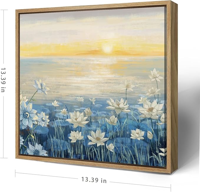 Bathroom Decor Wall Art-Framed Canvas Wall Art Modern Beach Coastal Floral Sunset Boho Ocean Artwork Blue Yellow Lotus Flower Zen Wall Picture for Bedroom Kitchen Office Small-Ruum Studio Home