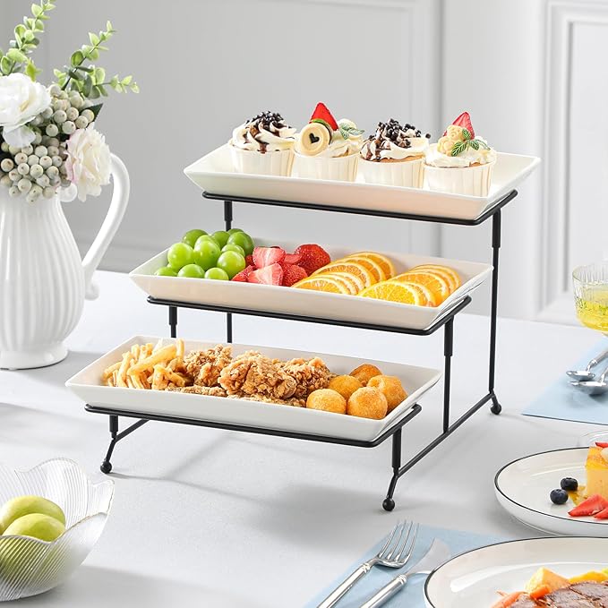 MALACASA 3 Tier Serving Trays for Party, Porcelain Serving Platters and Trays, 12 Inch Tiered Tray Stand, Fruit Tray, Trays for Serving Food, White Dessert Stand with Collapsible Sturdier Metal Rack-Ruum Studio Home