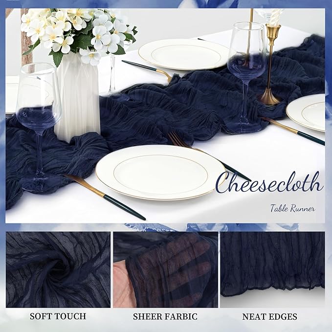 20 Pack Navy Blue Cheesecloth Table Runner 10FT Boho Fabric Rustic Cheese Cloth Table Runner for Wedding Bridal Shower Baby Shower Gauze Sheer Birthday Party Table Decorations 20 x 120 Inch Long-Ruum Studio Home