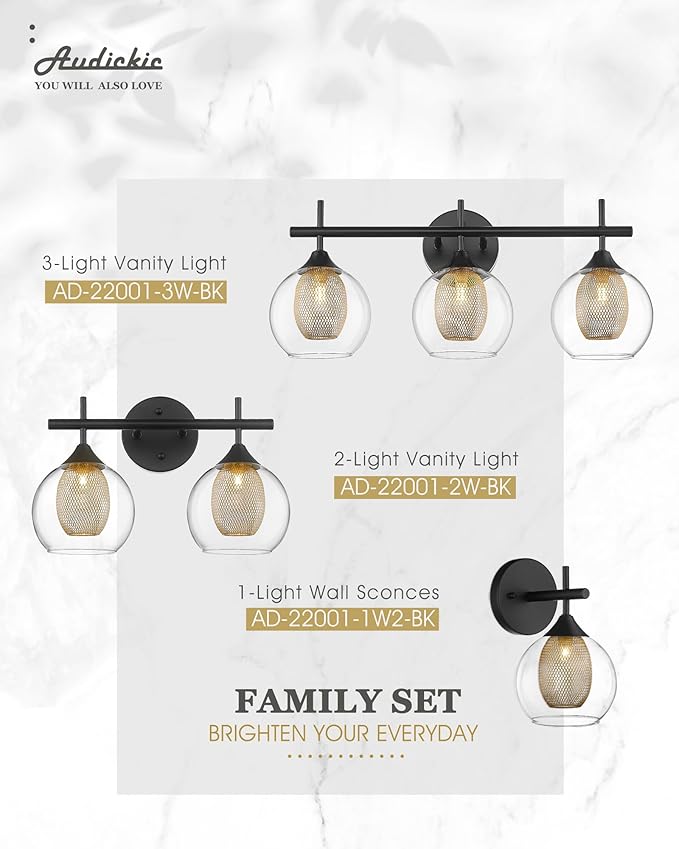 Bathroom Light Fixtures, 3-Light Black and Gold Vanity Lights Over Mirror, Farmhouse Wall Sconce Lighting with Clear Glass and Honeycomb Metal Shade, AD-22001-3W-BK-Ruum Studio Home