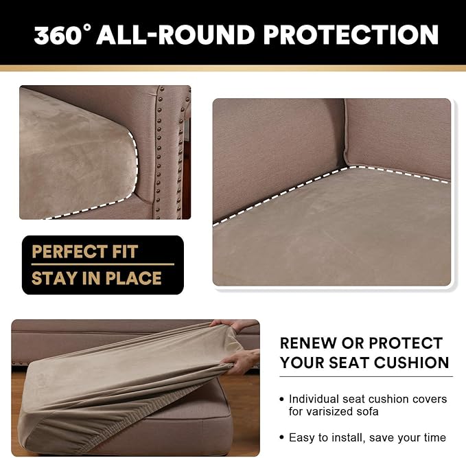 PrinceDeco Velvet Stretch Couch Cushion Cover Soft Cushion Slipcover for Chair Loveseat Sofa Cushion Furniture Protector Seat Cushion Sofa Cover (3 Piece XL Sofa Cushion Covers, Taupe)-Ruum Studio Home