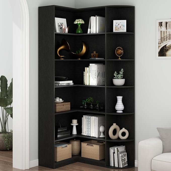 Loomie Black Book Shelf, 6 Tiers Shelf Large Tall Corner Etagere Bookcase with Full Baffle, L-Shaped Modern Storage Display Industrial Bookshelves for Bedroom, Home Office, Living Room & Kitchen,Black-Ruum Studio Home