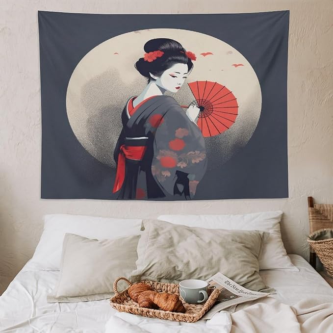Japanese Woman Geisha Tapestry Asian Red Cherry Blossom Red Sun Traditional Kimono Folk Tapestries Home Decor for Living Room Bedroom Apartment Farmhouse Dorm 80"x60"-Ruum Studio Home