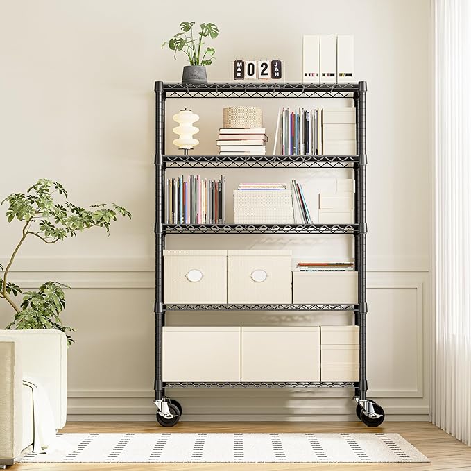 IZEUK 5-Tier Storage Shelving Unit with Wheels, Adjustable Heavy Duty Steel Wire Rack Organizer (Black, 17.7" D x 47.2" W x 76.7" H, 1750 lbs Capacity) for Garage, Kitchen, Office, Laundry, Basement-Ruum Studio Home