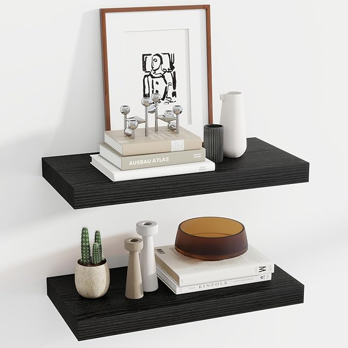 12 Inch Deep Floating Shelves, 24 Inch Long Floating Shelves for Wall, Floating Shelf with Invisible Brackets, Deep Shelves for Bathroom, Bedroom, Living Room, 2 Pack, Black-Ruum Studio Home