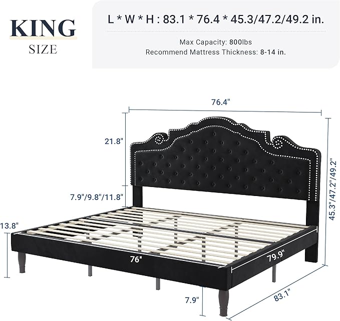 Allewie King Bed Frame with Adjustable Velvet Tiara Headboard, Upholstered Diamond Button Tufted Platform Bed, Wood Slats Support, No Box Spring Needed, Mattress Foundation, Easy Assembly, Black-Ruum Studio Home