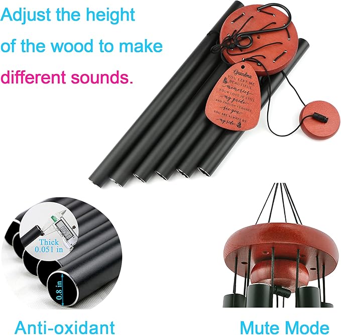 Memgift Memorial Wind Chime for Loss of Grandma - Solid Beech Wood Sympathy Gift - Outdoor Bereavement Wind Chime for Garden, Patio - in Remembrance of Grandmother 32 Inch-Ruum Studio Home