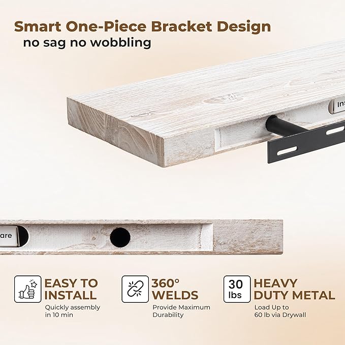 Axeman Floating Shelves for Wall - 40''W x 8'' D Rustic Solid Elm Wood Shelves for Storage, Wall Mounted Display Shelving with Invisible Heavy-Duty Metal Bracket (White Wash, 2PCs)-Ruum Studio Home