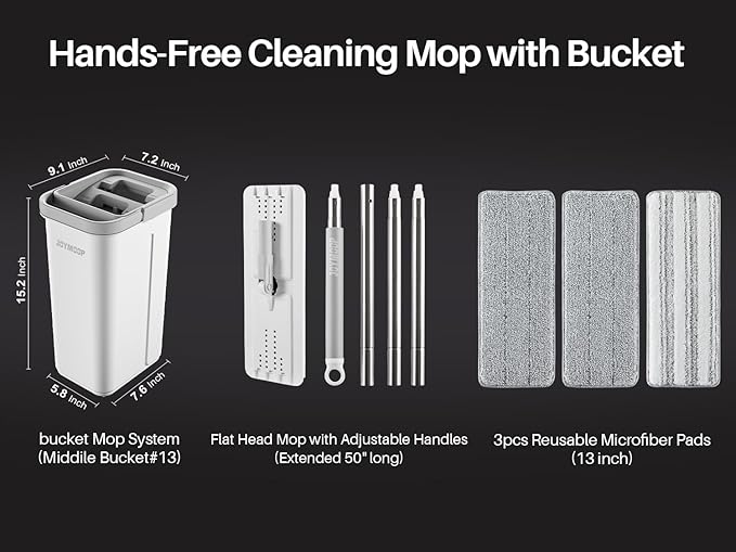 JOYMOOP Mop and Bucket with Wringer Set, Hands Free Flat Floor Mop and Bucket, with 3 Washable Microfiber Pads, Wet and Dry Use, Floor Cleaning System-Ruum Studio Home