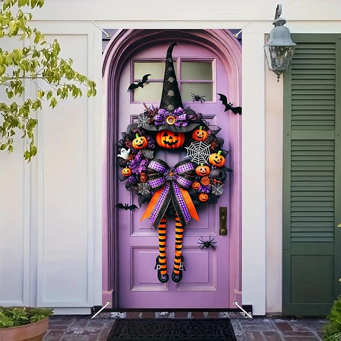 Halloween Witch Wreath Door Cover 71x35 Inch Holiday Front Porch Door Banners Decoration Purple Pumpkin Spider Web Bat Background Hanging Banner for Indoor Outdoor Spooky Party Decor-Ruum Studio Home