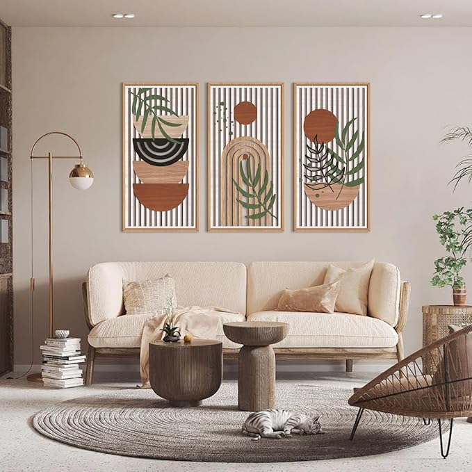 IARTTOP Large Boho Wood Wall Art Framed 16x32 Inch Mid century Modern Wooden Wall Decor Abstract Bohemian Minimalist Art Decor for Bedroom Living Room Office Set of 3-Ruum Studio Home