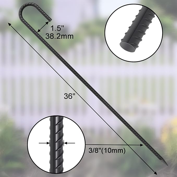 J Hook Rebar Stakes 36 Inch 3/8 Inch Diameter Steel Tent Stakes Heavy Duty Chain Link Fence Stakes Trampoline Stakes with Chisel Point End Metal Stakes for Ground, Canopy Swing Set, Black (16 Pcs)-Ruum Studio Home
