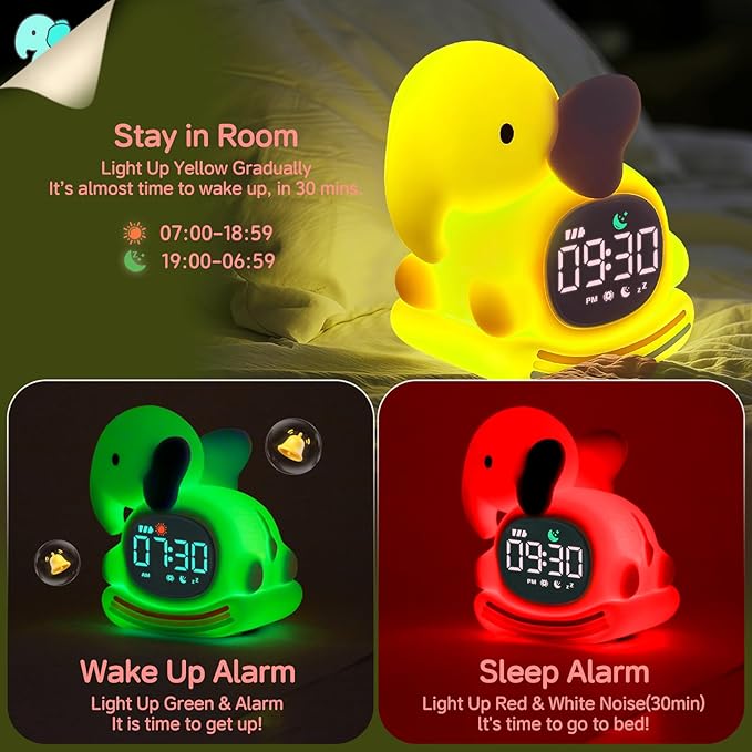 Alarm Clock for Kids with Night Light, Sleep Training Clock Time to Wake Clock, Rechargeable Silicone Light for Bedroom, Perfect Sleep Companion for Boys Girls, Pink Elephant-Ruum Studio Home