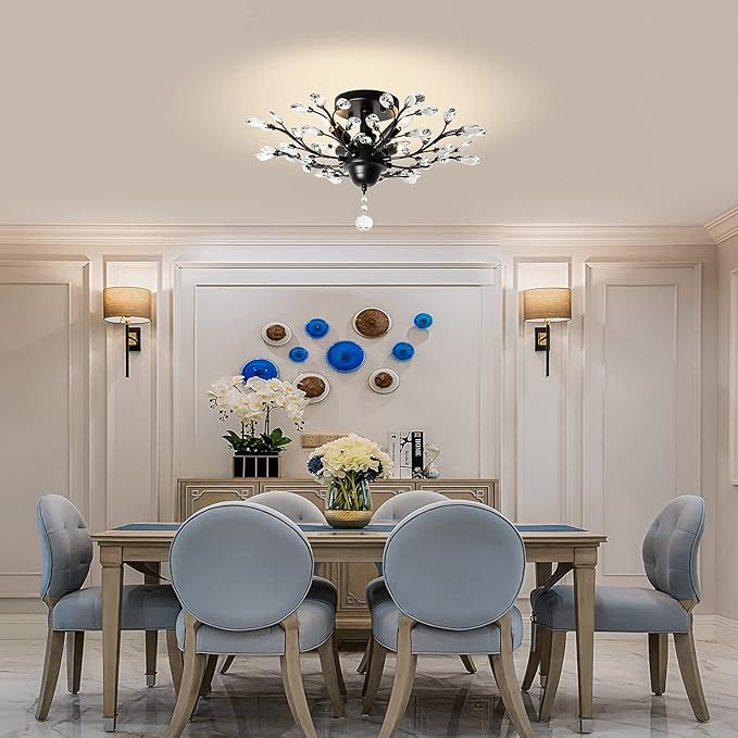 Ganeed Crystal Chandeliers,Vintage K9 Clear LED Ceiling Lighting,Edison Pendant Light Flush Mounted Fixture with 4 Light for Living Room Dinning Room Restaurant Porch Hallway (Black)-Ruum Studio Home