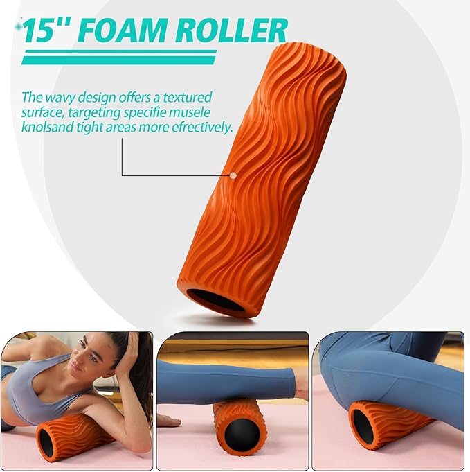 5-in-1 Foam Roller Set, Massage Roller Stick, Massage Ball, Resistance Band for Deep Muscle Massage, Trigger Point Release, Pilates, Yoga (Orange-Wave)-Ruum Studio Home